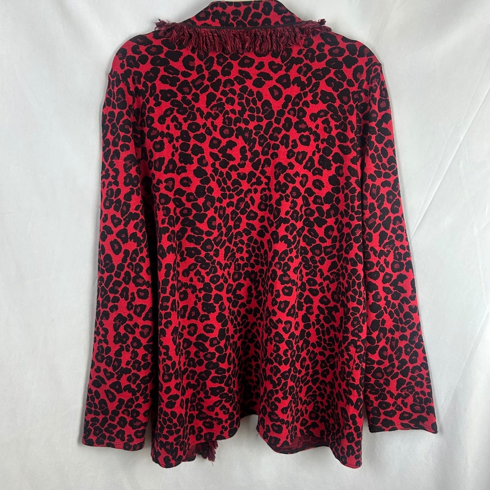 Chico's Red Black Leopard Cheetah Print Fringe Cardigan Sweater Size 3 XL Wool - Picture 5 of 7